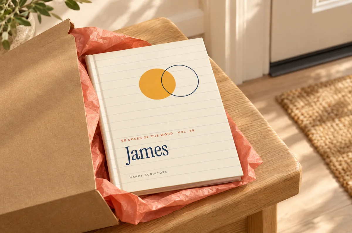 A Happy Scripture edition arriving in its mailer box by the front door