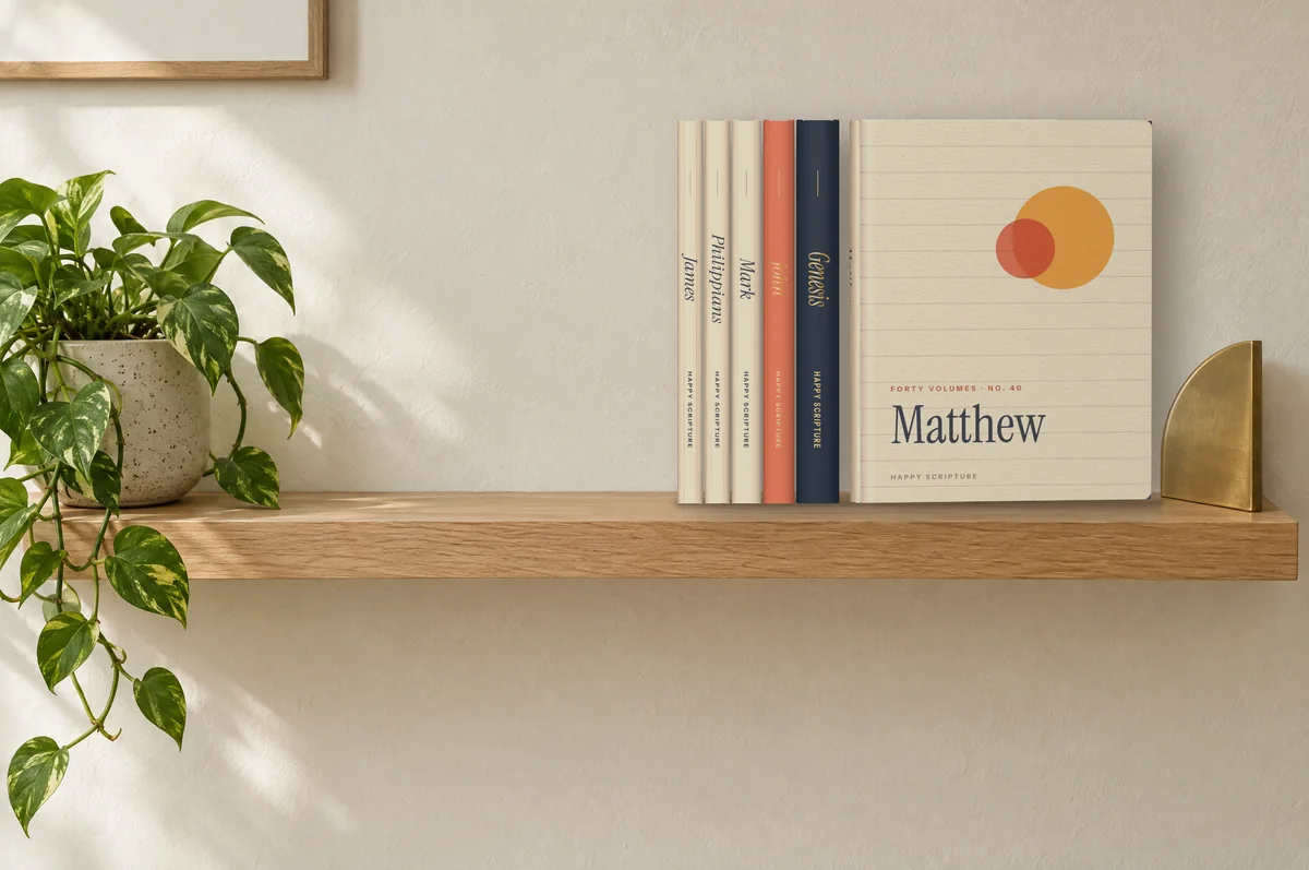 Happy Scripture editions lined up on a shelf